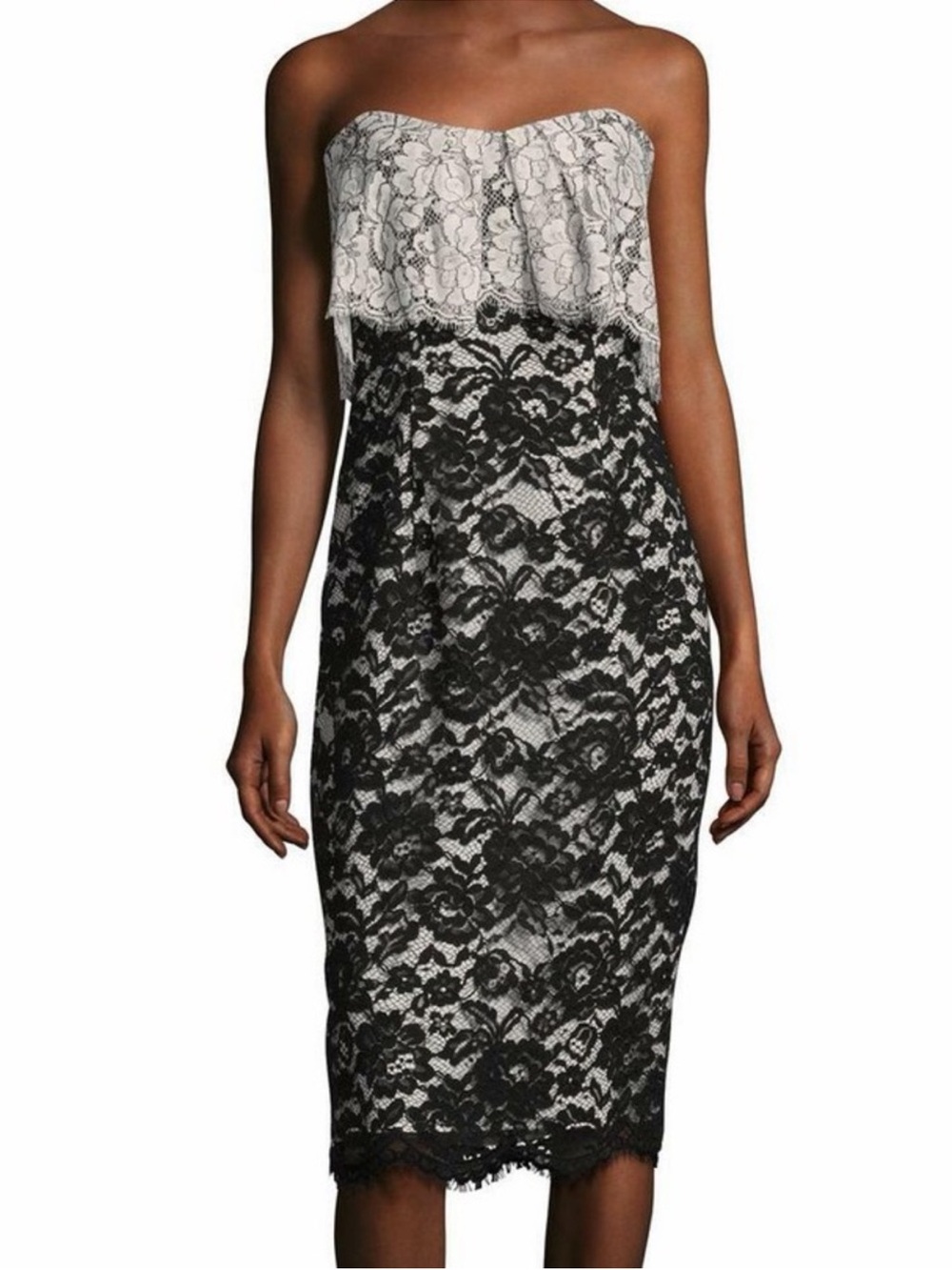 Black Halo Strapless Black and White Lace Midi Dress